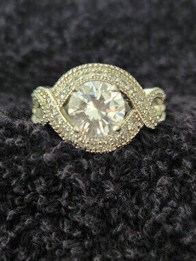 Silver-Tone Crystal Halo Twist Ring - Round Center Stone Size 9